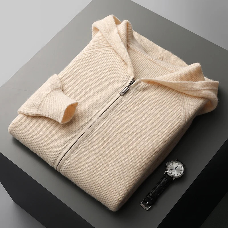 Mens Hooded Cardigan Autumn and Winter Thickened Knit Large-size Jacket 100% Merino Wool Casual Long Sleeved Sportswear Coat 250113