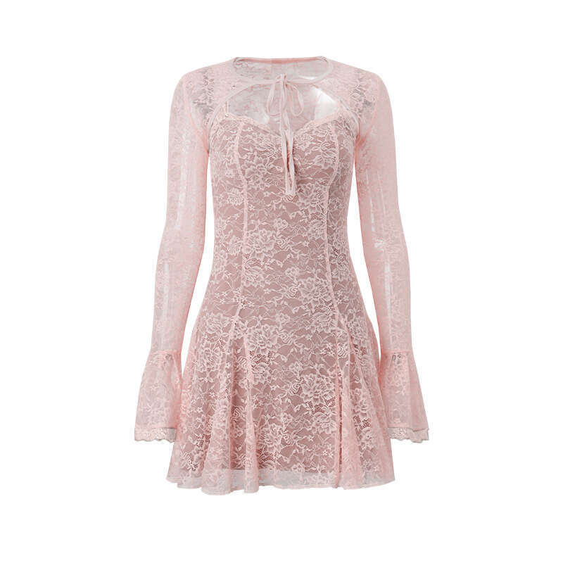 European American Autumn Product Fashionable and Sexy Lace Pink Shoulder Trumpet Sleeve Strap Short Skirt Set for Women's 2025 Temperament Versat