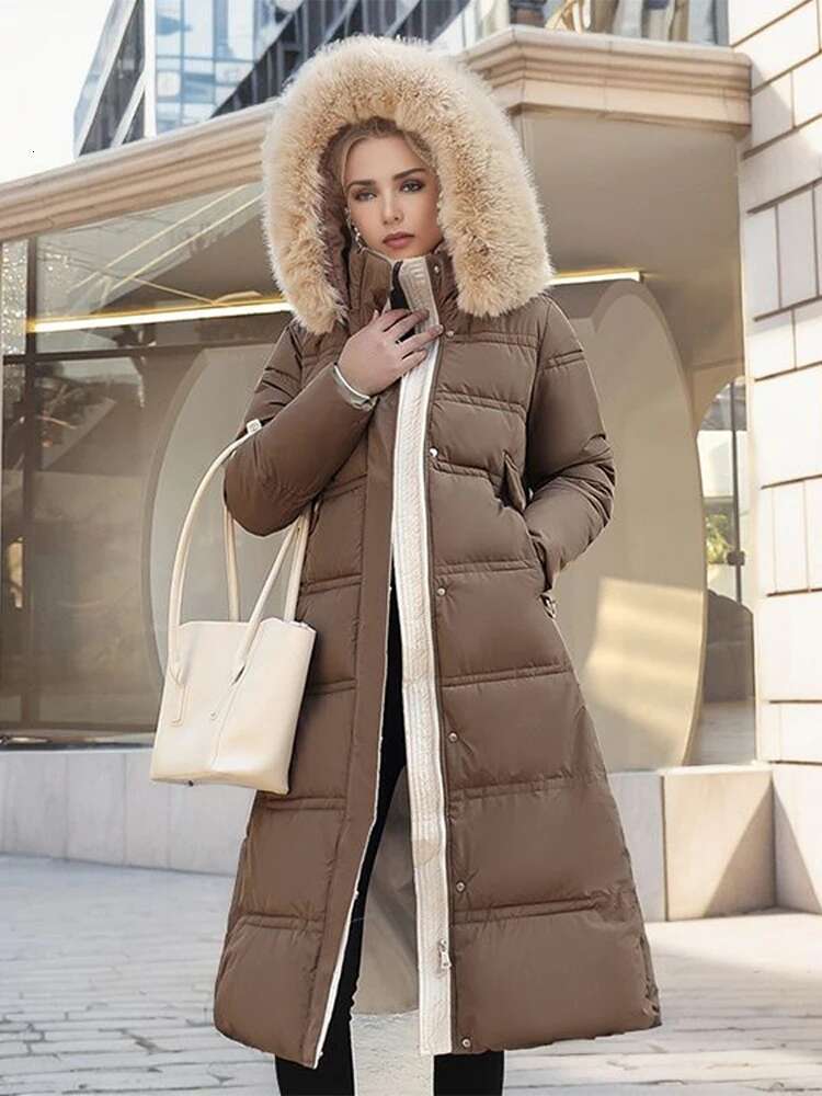 Elegant Cotton Padded Down Coats Women Hooded Furs Collar With Belt Thicken Female Parkas 2024 Winter Fashion Lady Snow Wears