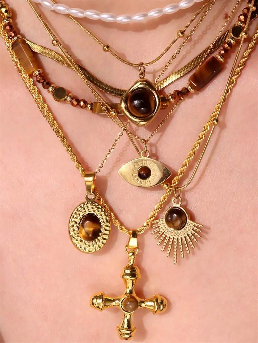HangZhi Natural Stone Steel Pendant Necklace Rhinestone Flower Oval Gold Color Charm Sweater Chain Jewelry for Women 250109