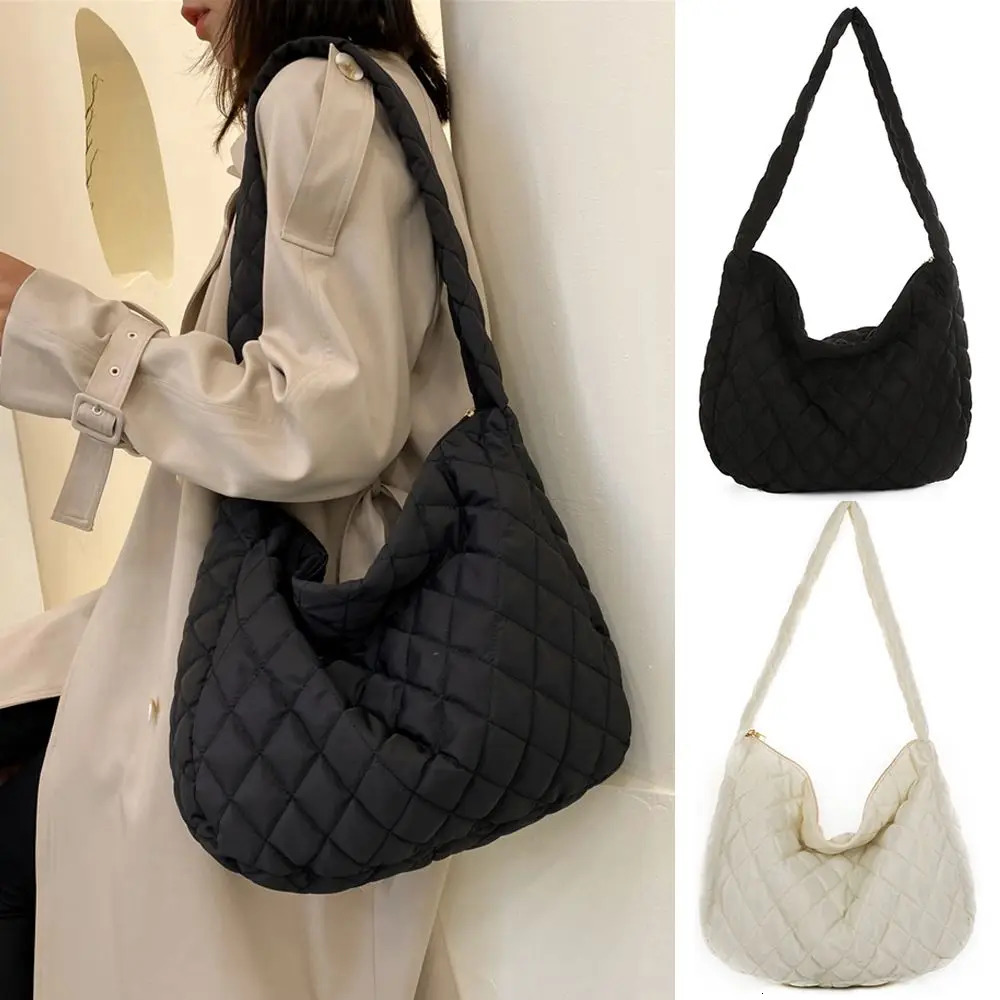 Large Capacity Quilted Tote Bag Lightweight Winter Warm Down Cotton Padded Plaid Shoulder Bags Women Underarm Bags Puffy Handbag 250113