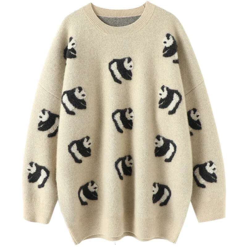 Aliaga Europe New Panda Jacquard 100% Cashmere Sweater Knitwear Womens Drop Shoulder Oversized Jumper Double Layer Tops