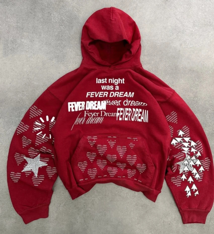 Street Hip-hop Love Graphic Printing Red Hooded Sweatshirt Y2K American Harajuku Loose Casual Sweater for Men and Women 250109