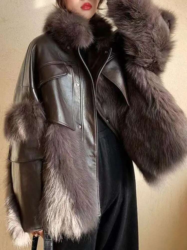 UCXQ Elegant Faux Coat Streetwear Stand Collar Double-Faced Fur Splicing PU Fashion Tide Jacket Women 2025 Autumn Winter 185