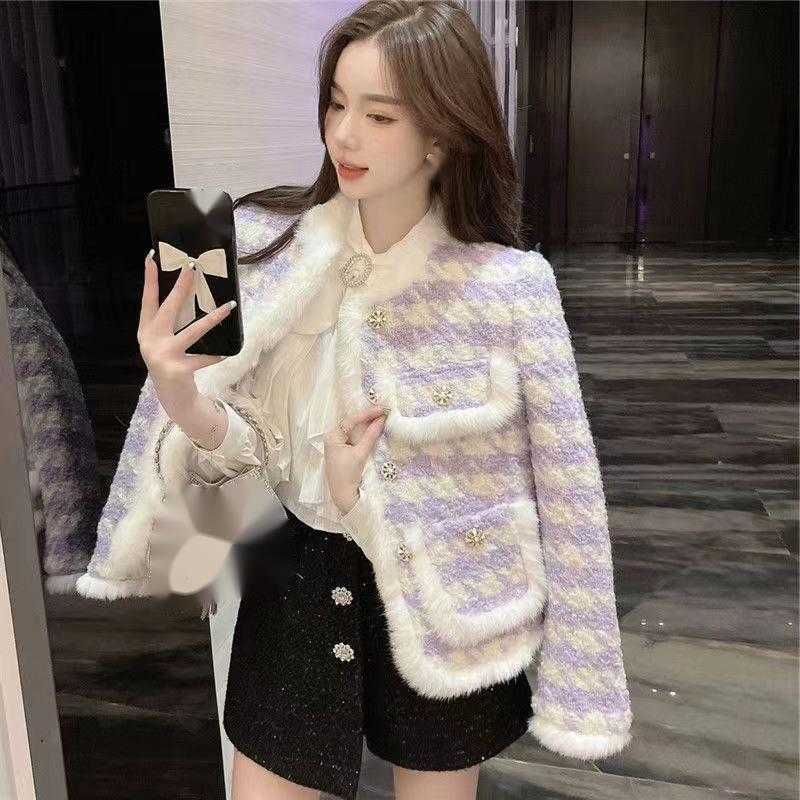 Imitation Mink Fur Small Fragrant Style Coat for Women Autumn Winter Thousand Bird Grid Violet Socialite Thick Padded Cotton Jacket Women Jackets Coat