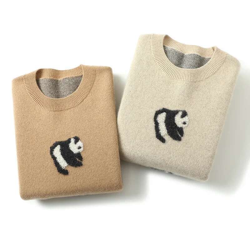 Aliaga Europe New Panda Jacquard 100% Cashmere Sweater Knitwear Womens Drop Shoulder Oversized Jumper Double Layer Tops