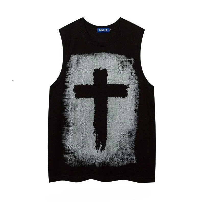 Floral vest trend high street American retro loose casual mens summer round neck sleveless shortsleeved Gothic cross print vest 250108