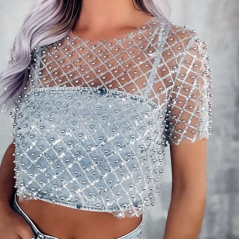 European and American hot selg women's sexy mesh nail bead sequin short sleeved top T-shirt 2025 new casual fashion trend clothing