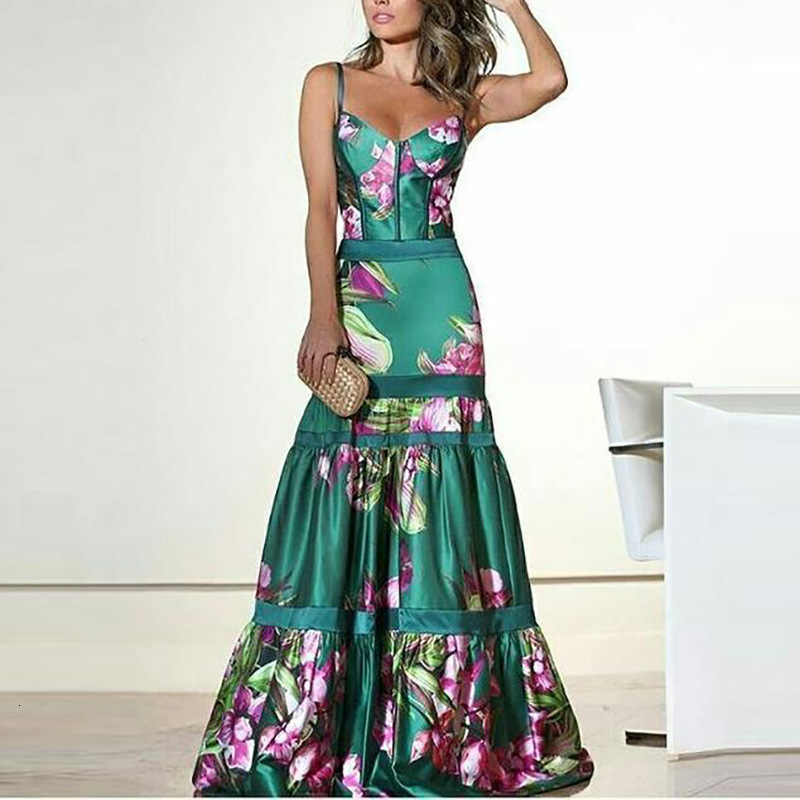 Women Dress Ruffles Lantern Sleeve V-neck Print Dresses Plus Size Long Vintage Sexy Printing Fashion 210513
