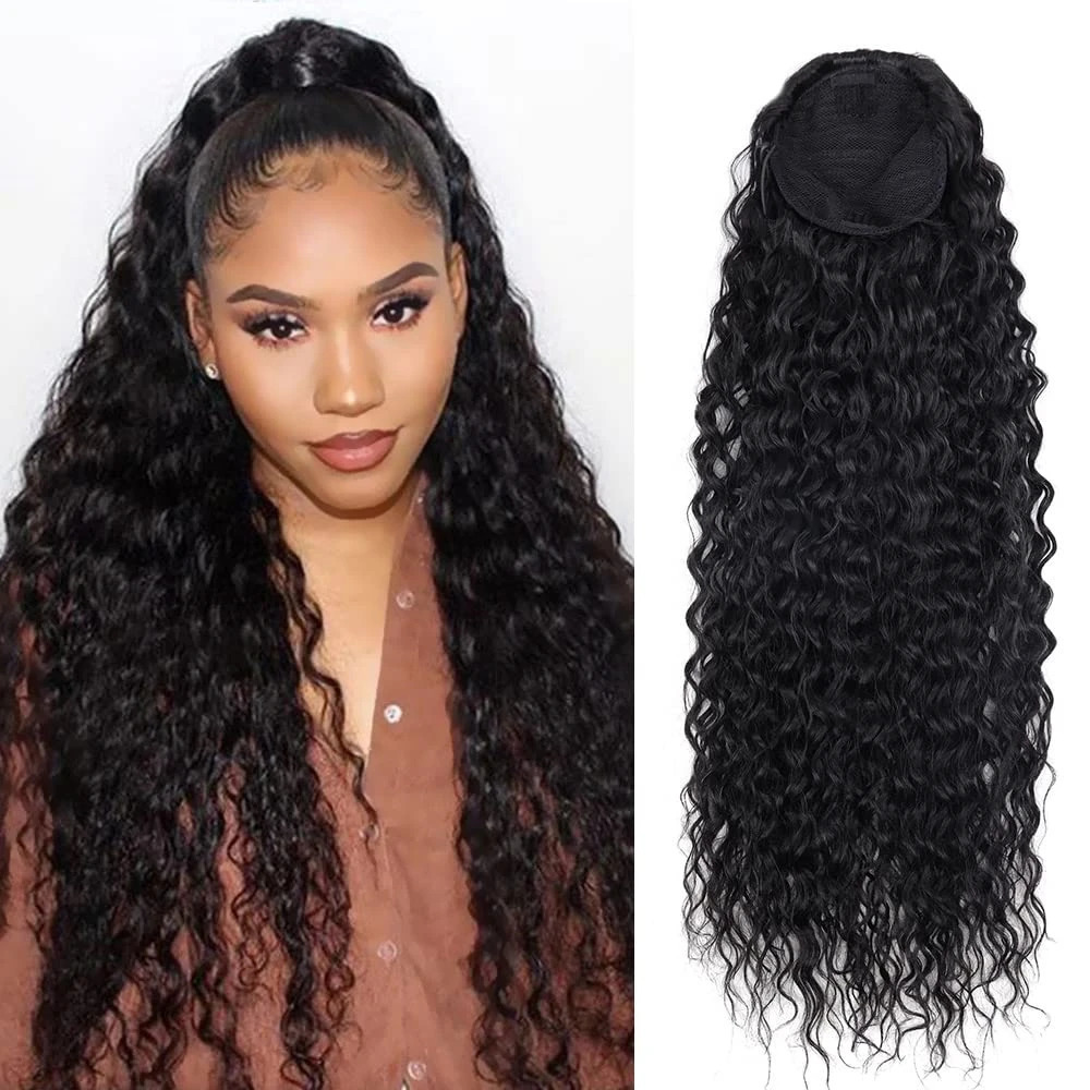 Deep Wave Drawstring Ponytail Human Hair Ponytails #1B Natural Black Curly Clip In Hair Extensions For Daily Cosplay 1 Pieces 250108