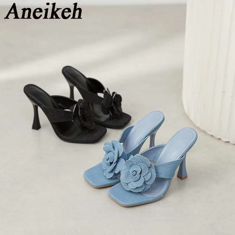 Aneikeh New Denim Wers Clip Style High Heels Sandals Summer Square Toe Slip On Fashion Designer Ladies Shoes Size 35-42