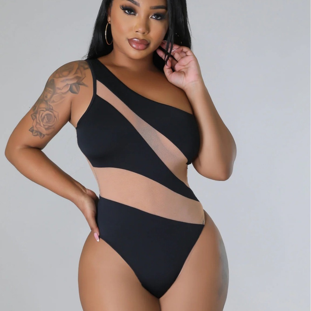 New Sexy Shoulder Mesh Spliced Women's One Piece Swimsuit Bikini