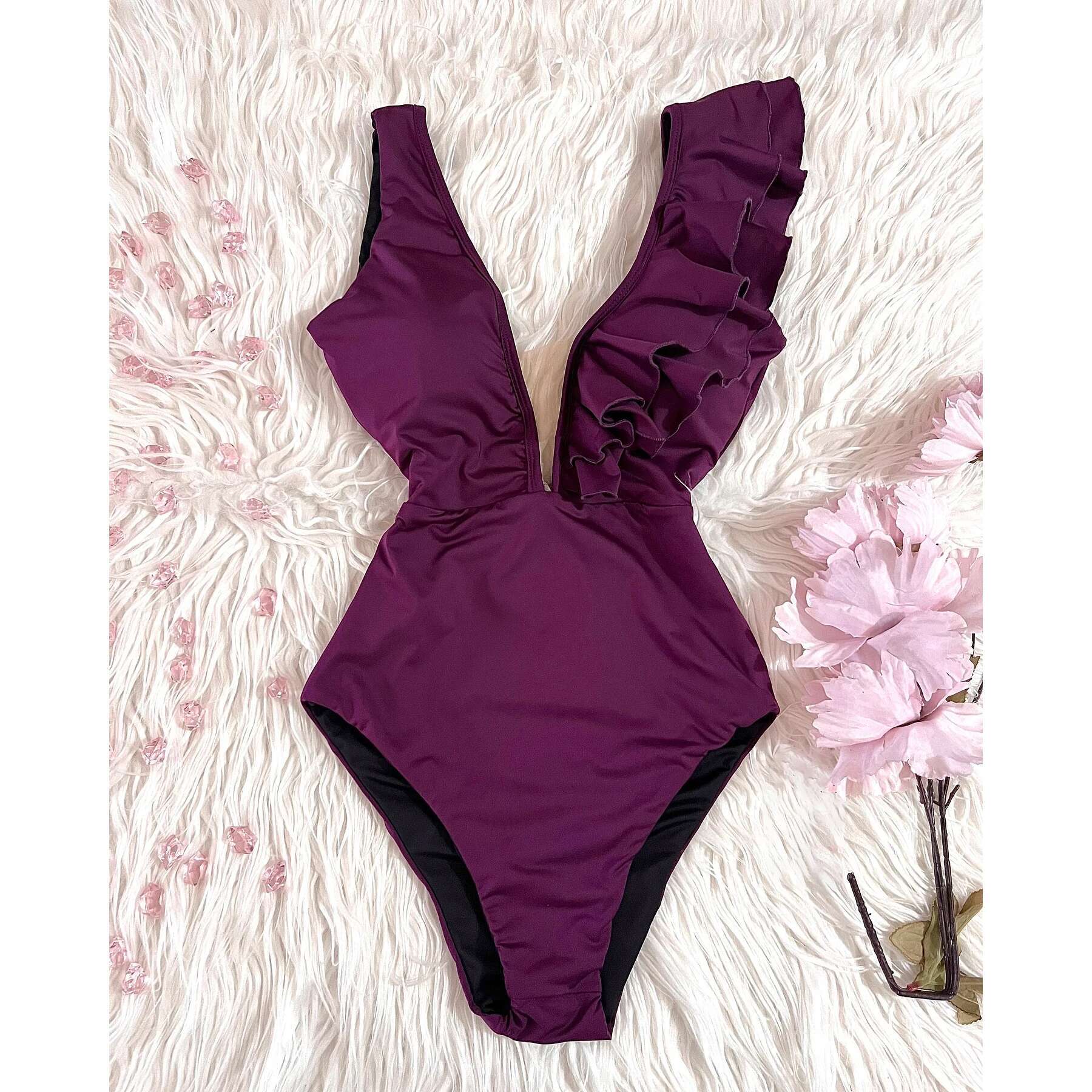 2025 New Ruffle One Piece Swimsuit Solid Red Black Swimwear Women Deep-V Bathing Bodysuit Beach Wear Swim Suit Monokini