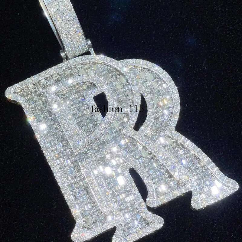 Custom Pass Dia Tester Iced Out Vvs Moissanite Jewelry Hip Hop Letter Baguette Pendant Alphabet r Necklace for Men