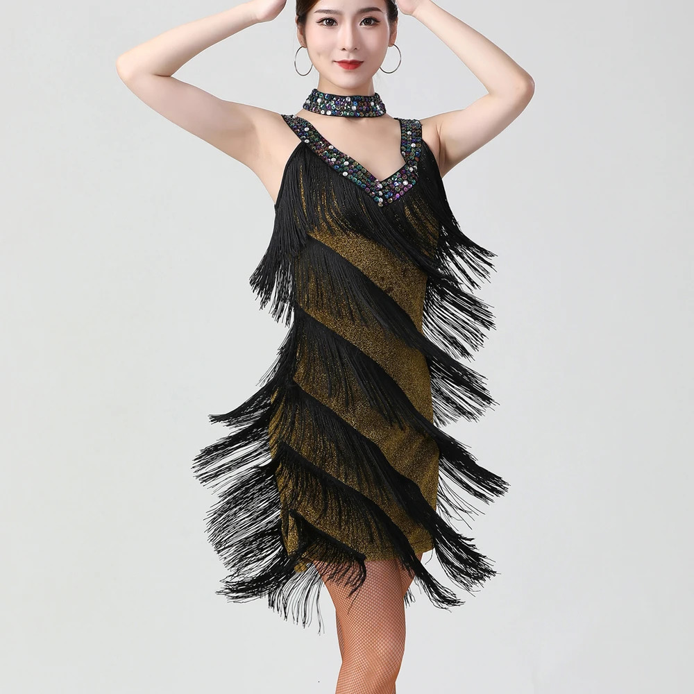 Sexy Women Double V Neck Sleeveless Fringe Dress Sequined Beaded Bodycon Mini Dress Salsa Rumba Samba Jazz Latin Dance Dress 250113