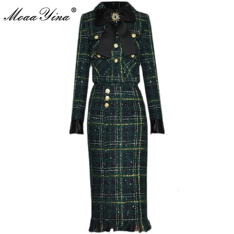 Moayina fashion er winter plain weave tweed ski suit womens bow bead long sleeved jackettassel skiing 2-piece set 250109