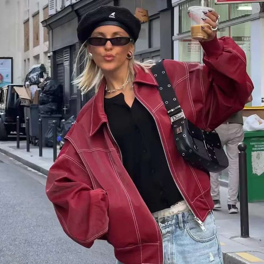 Spring Autumn Leather American Style PU Jacket For Women Solid Color Casual Zipper Sweat Coats Women's Outwears