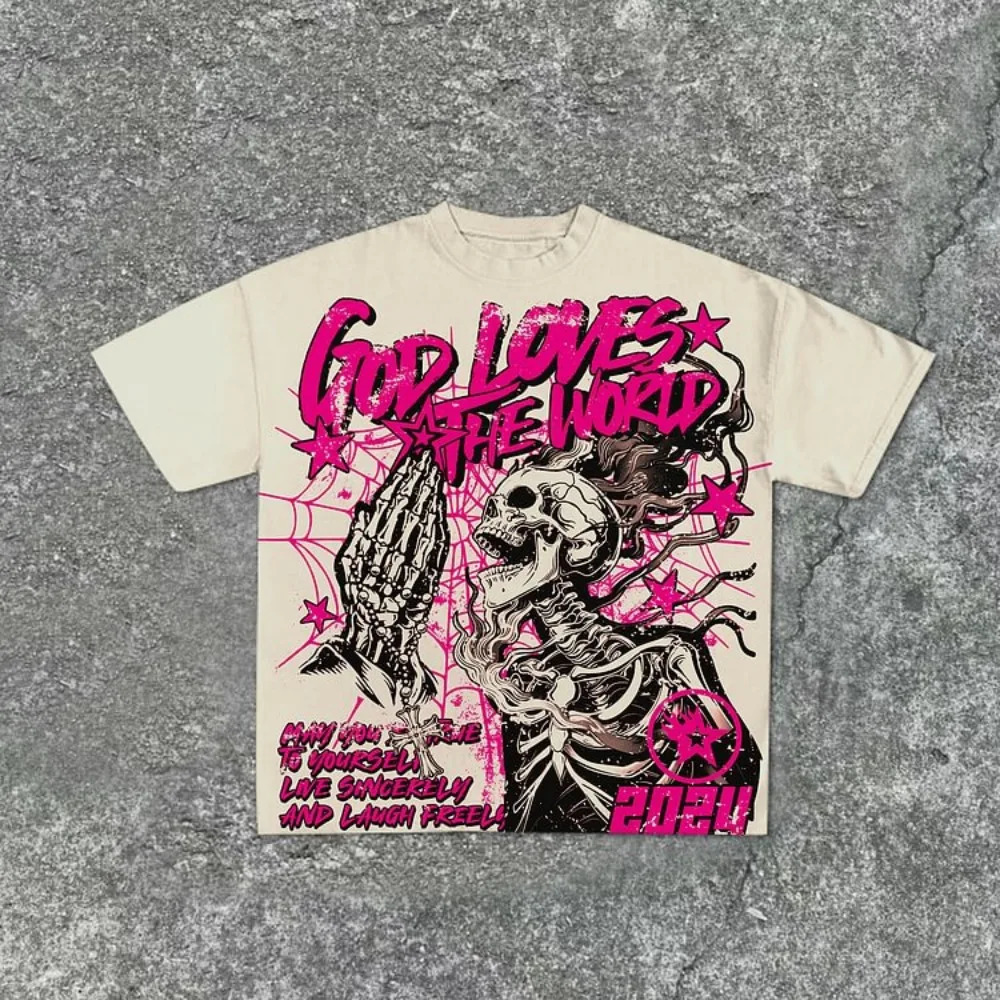 Casual Short Sleeve God Loves The World Graphics 100% Cotton T-Shirt Men Y2K Short Sleeves Oversize Tshirt Streetwear Women Tops 250117