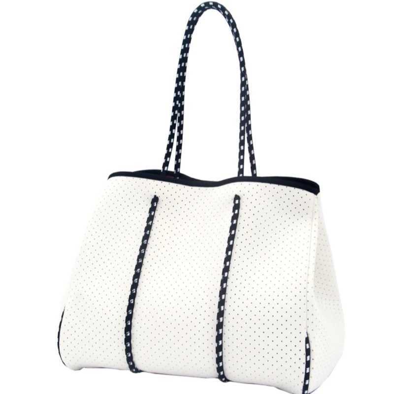 New Arrival Hot selling striped printed womens travel handbag large handbag chloroprene rubber womens perforated beach handbag Z250118