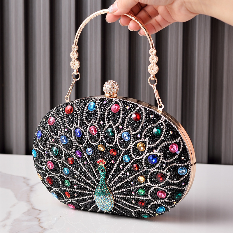 New peacock diamond-encrusted evening bag retro party bag black high-end dress bag