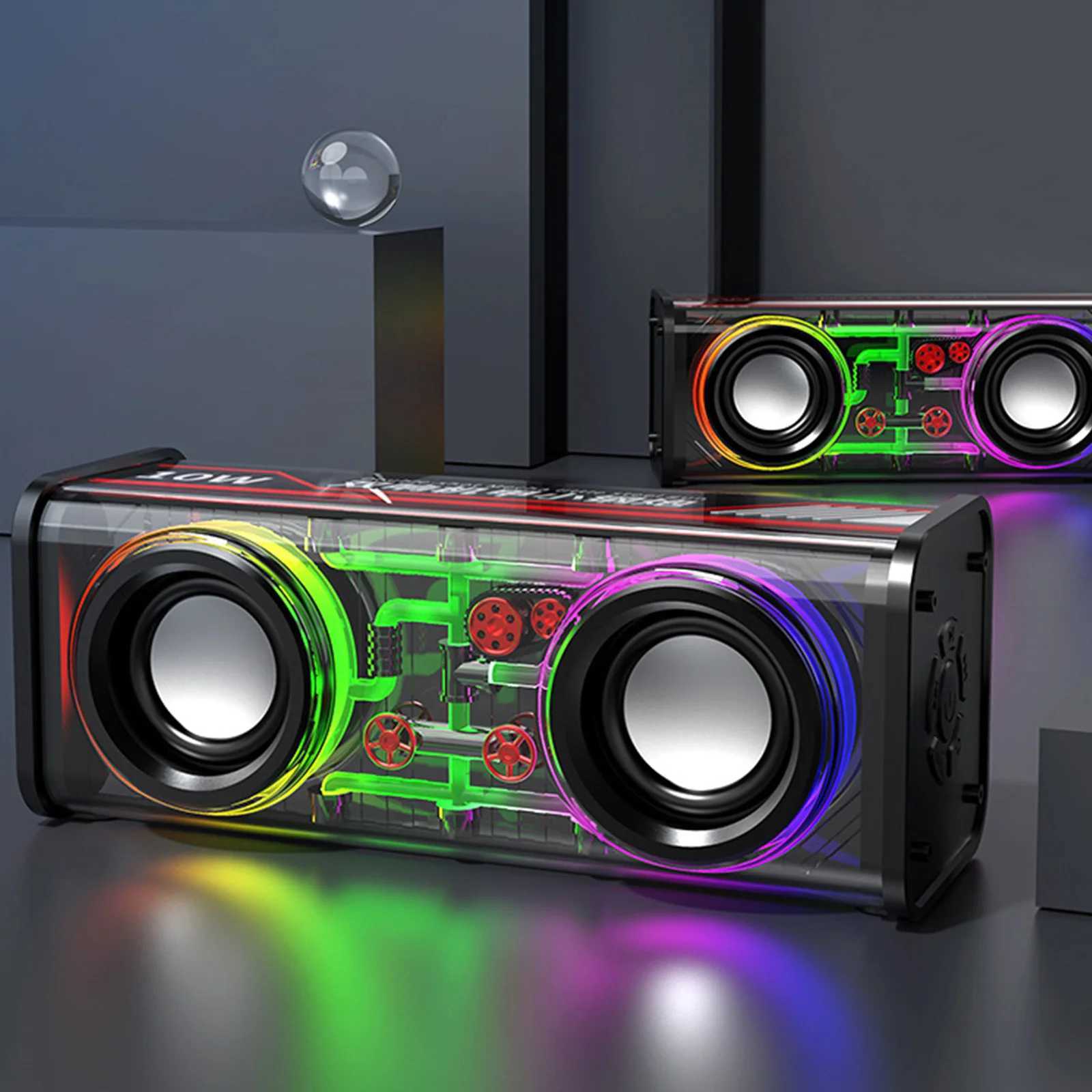 Car Audio 1800mAh Wireless Stereo Speaker Transparent Mecha Music Speakers Colorful Light Bluetooth-compatible 5.0 for Outdoor Home Party H250118