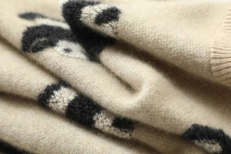 Aliaga Europe New Panda Jacquard 100% Cashmere Sweater Knitwear Womens Drop Shoulder Oversized Jumper Double Layer Tops