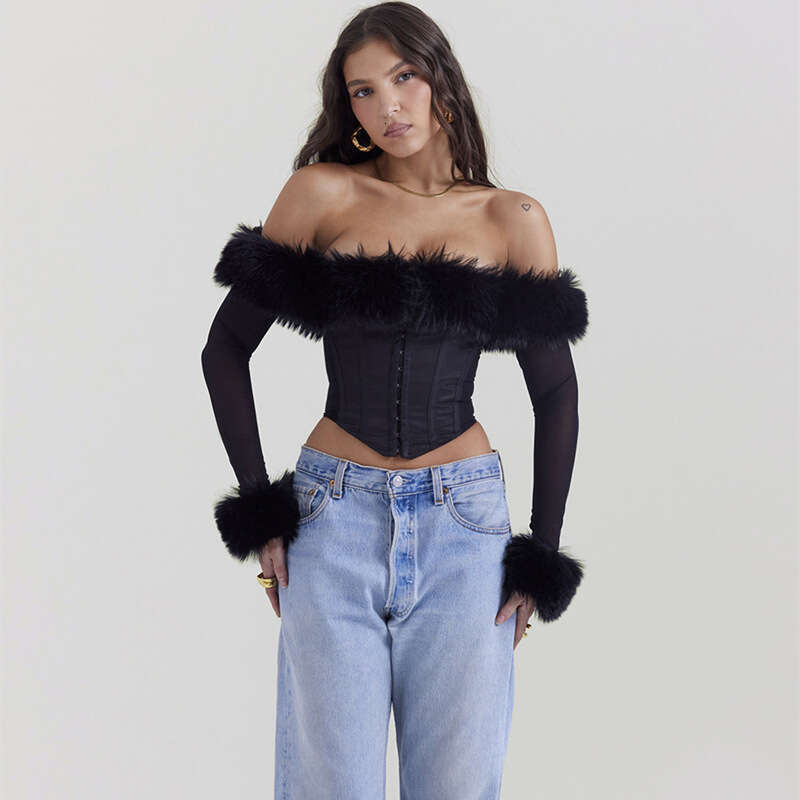 European American women's winter sexy fur one neck off shoulder mesh long sleeved irregular top 2025 new style chic and elegant clothing