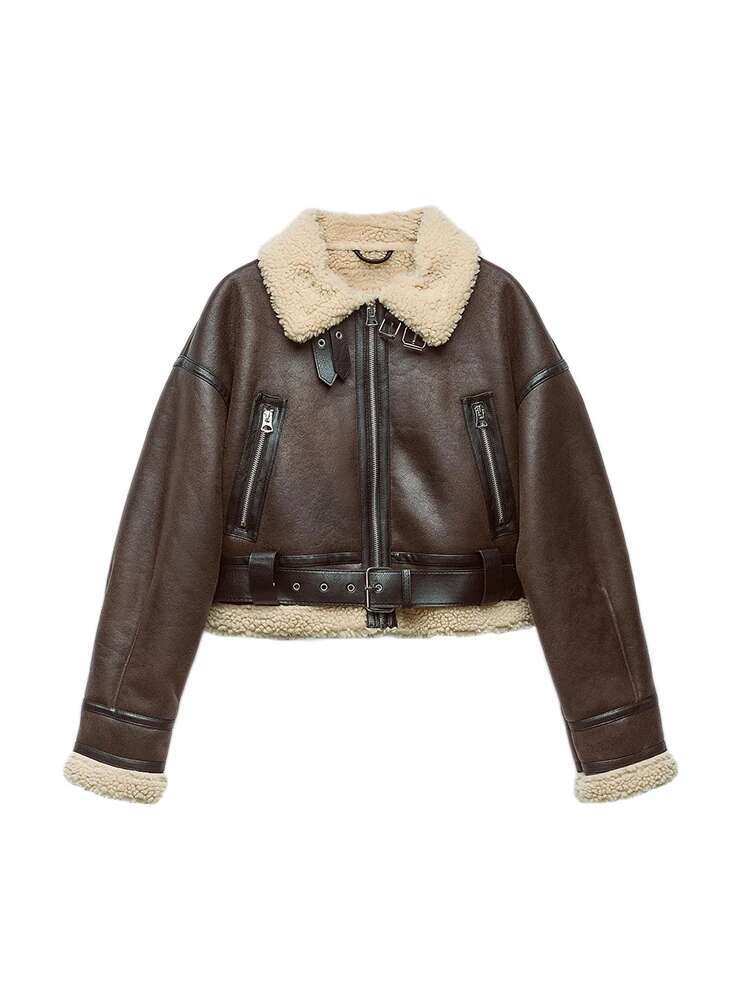 Aigo Autumn Winter Women Warm Loose Faux Lamb Fur Short Streetwear Female Retro Zipper Spliced Coat Outwear