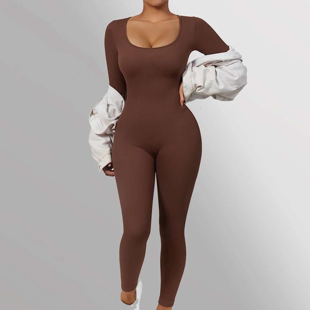 Long Sleeve Women Bodycon One-Piece Outfit Jumpsuit Square Neck Casual Streetwear Rompers Overalls Playsuits Bodysuit
