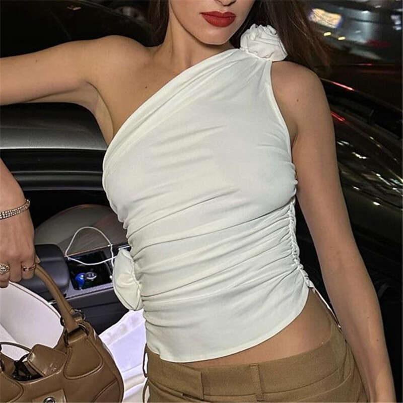 Europe and America 2025 Spring Product Sexy Spicy Girl Slant Shoulder Wrinkle Drawstring Waist Slimming Tank Top with Versatile Style New Trendy Cloth
