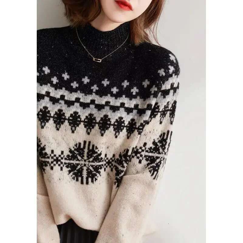 2024 Autumn Winter Women Snowflake Printed Warm Female Thick Half Turtleneck Sweater Knit All-Match Jumpers Tops F36