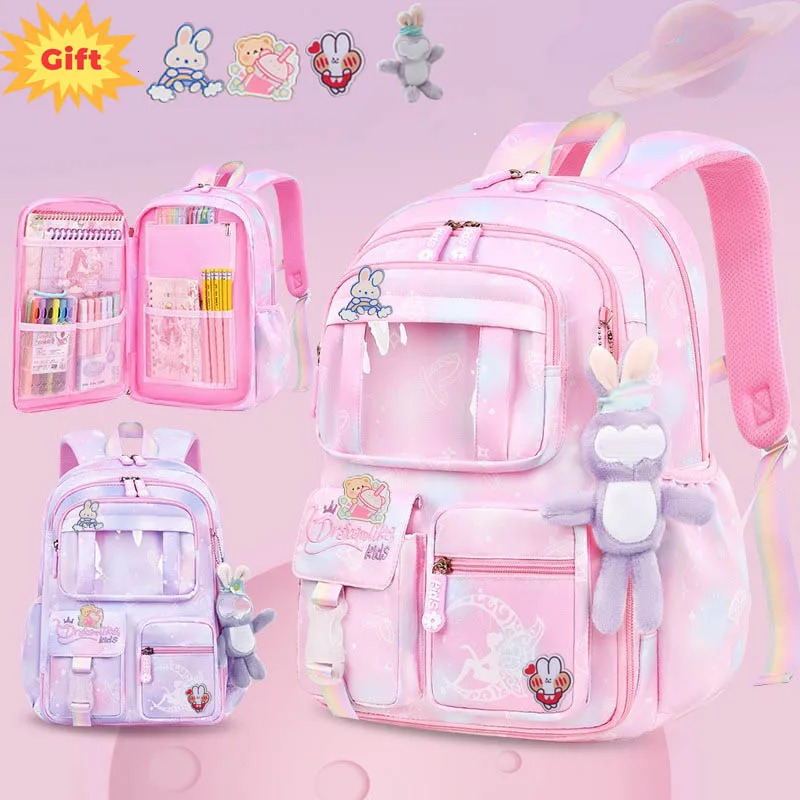 Waterproof Rainbow Schoolbag Student Girls Childrens Princess Refrigerator Door Backpack Spine Protector Shoulder Bags Cute 250109