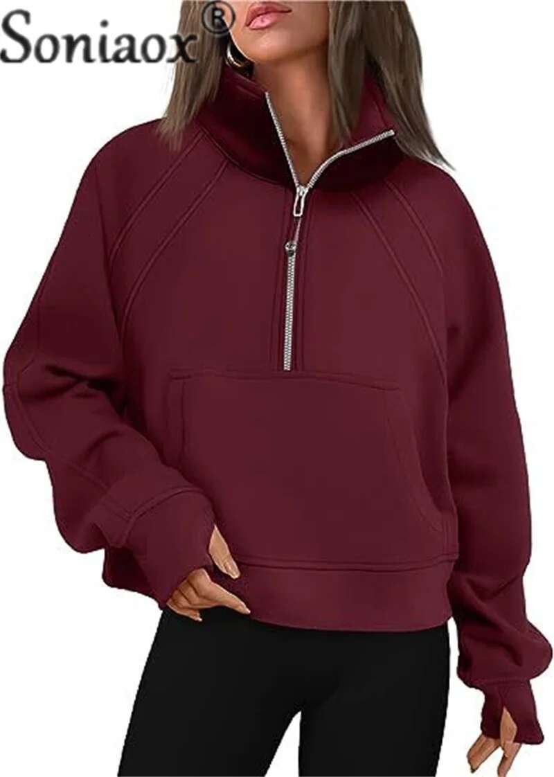 Women's Zipper Half Cardigan Splicing Pouch Thickened Sweatshirt Female Autumn Winter Stand-Up Collar Hoodie Outerwear