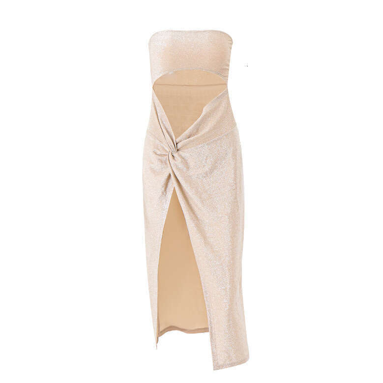 Europe America 2025 summer hot selg sexy one shoulder fake two-piece set high waist slit strapless dress new style chic and elegant clothing