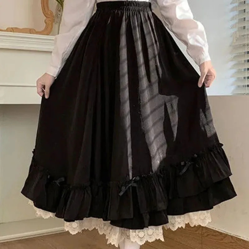Japanese ruffles pleated skirt woman sweet high waist loose Anklelength skirts women college style black patchwork Aline 250108