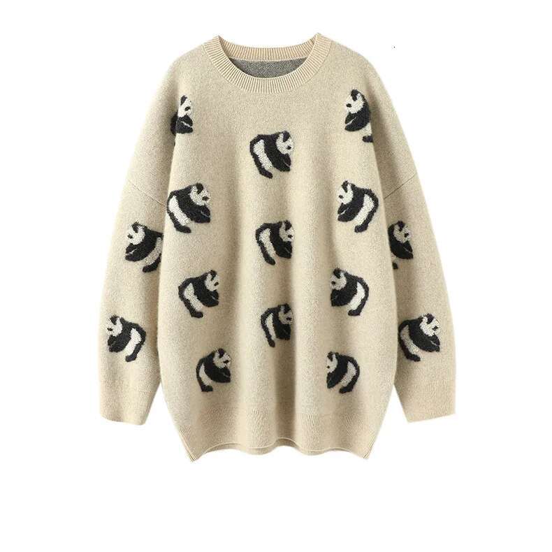 Aliaga Europe New Panda Jacquard 100% Cashmere Sweater Knitwear Womens Drop Shoulder Oversized Jumper Double Layer Tops