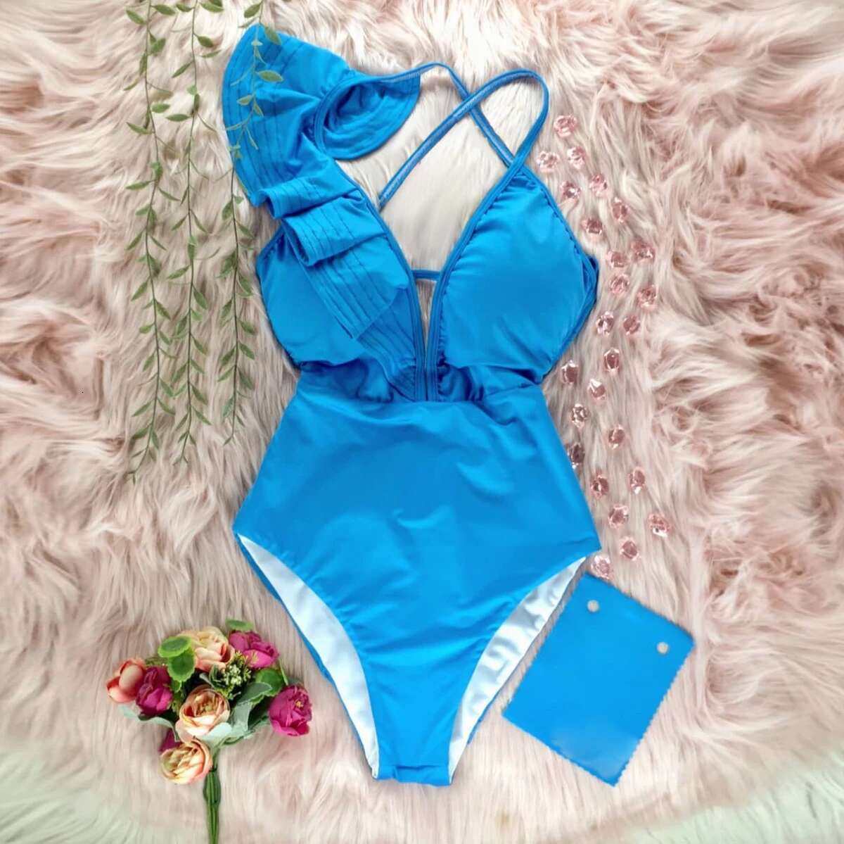 2025 New Ruffle One Piece Swimsuit Solid Red Black Swimwear Women Deep-V Bathing Bodysuit Beach Wear Swim Suit Monokini