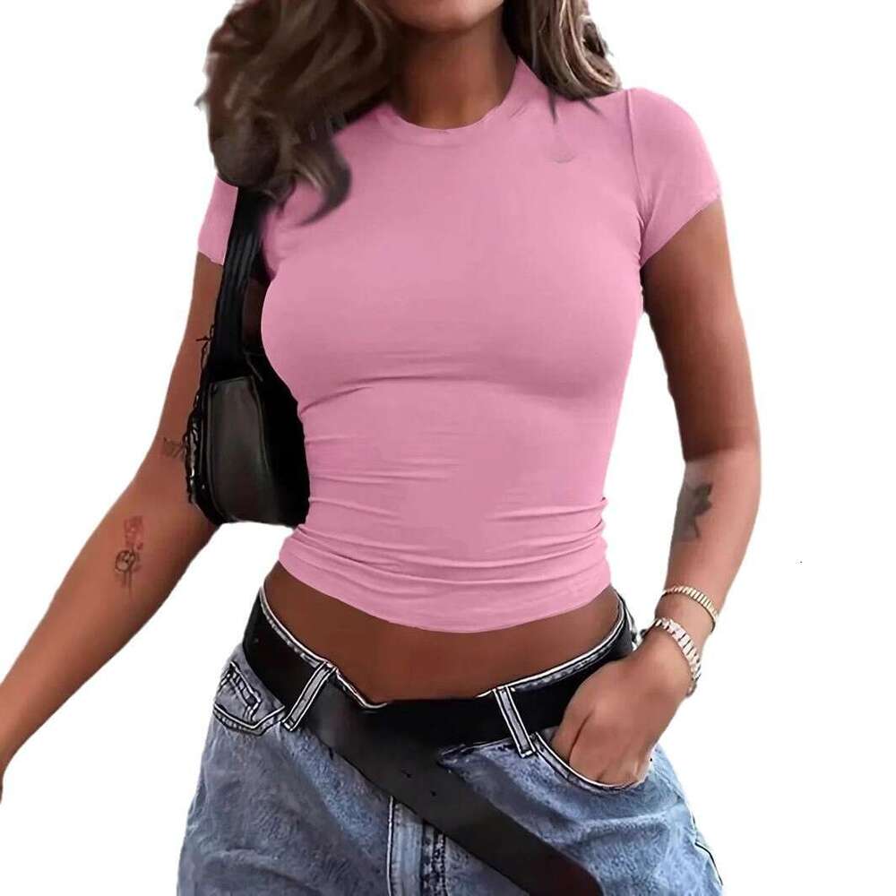 2025 European and American popular solid color round neck basic short sleeved T-shirt women's new casual fashion trend clothing
