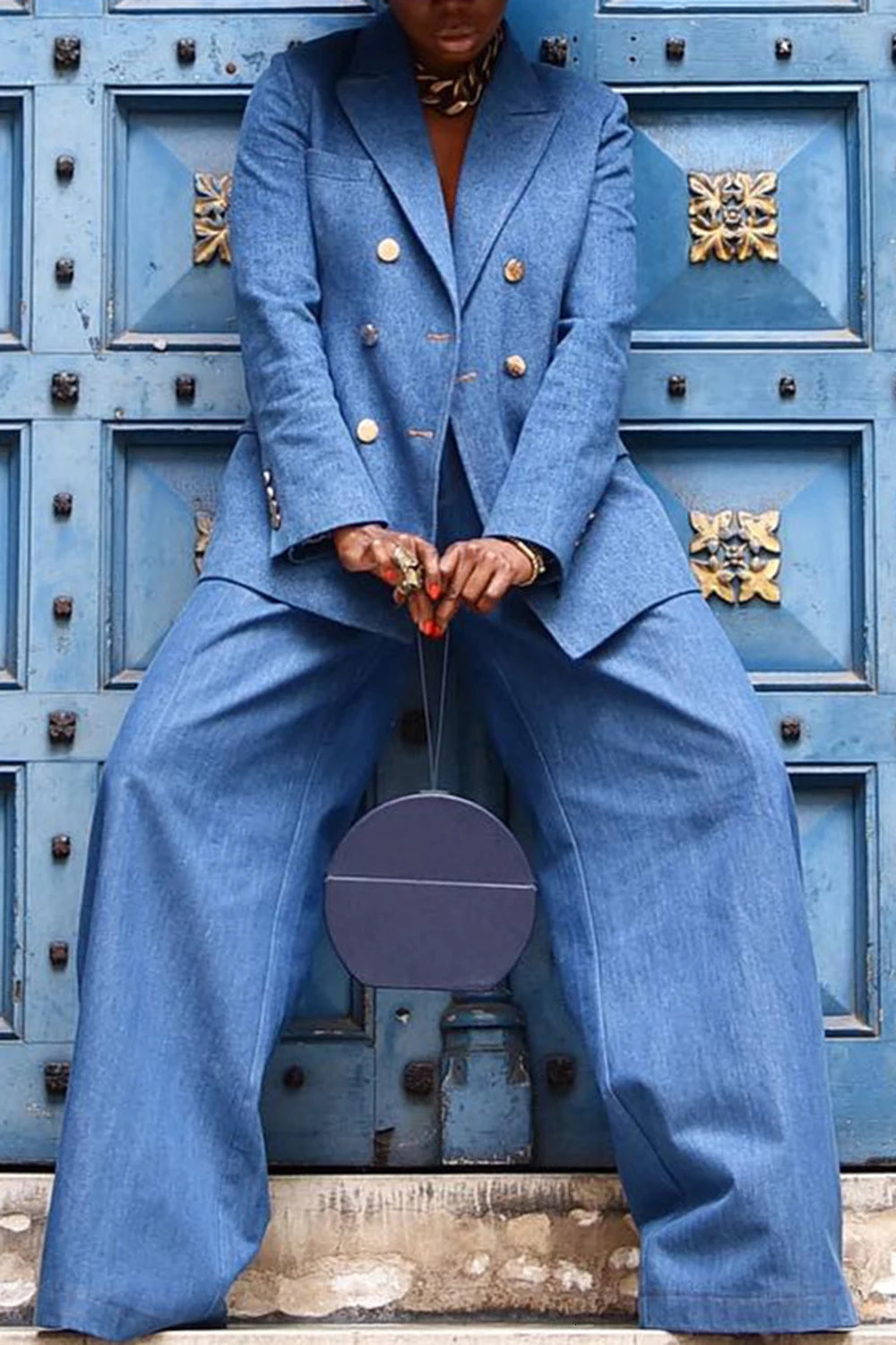 Plus Size Business Casual Light Blue Lapel Collar Long Sleeve Pocket Denim Two Piece Pant Sets 250109