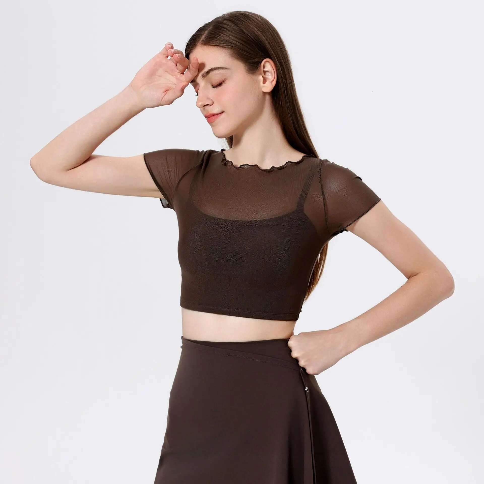 Ddmyoutdoor China Domestic Mermaid Curve Fake Two Piece Mesh Sports T Shirt Women S Short Sleeved Yoga Clothes With Chest Mat Quick Dry Slim Top
