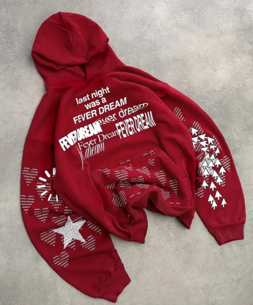 Street Hip-hop Love Graphic Printing Red Hooded Sweatshirt Y2K American Harajuku Loose Casual Sweater for Men and Women 250109