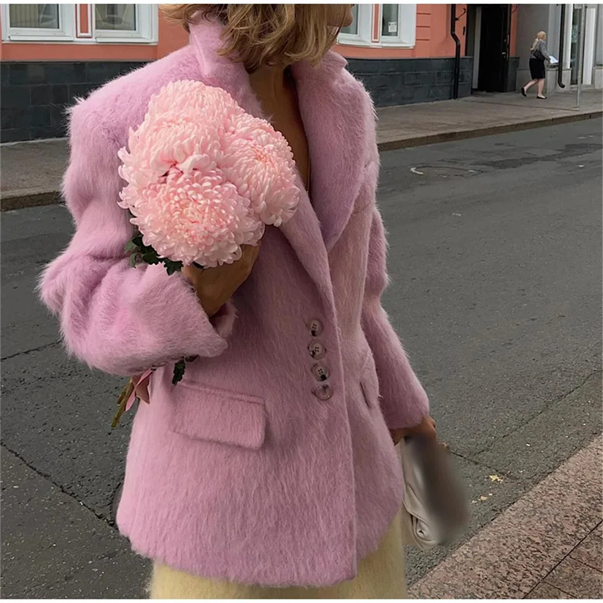 Womens Fashion Lapel Pink Coats Single Breasted Long Sleeve Elegant Coat Autumn Winter Warm Blazer Casual Pockets Lady Outwear 250109Z