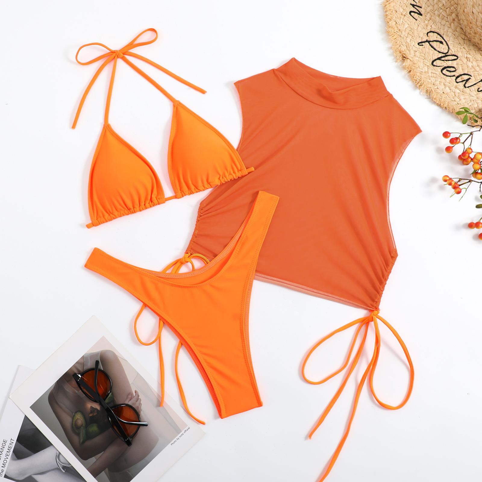 New Swimsuit Sexy Perspective Mesh Tether Triangle Bag Split Women's Bikini