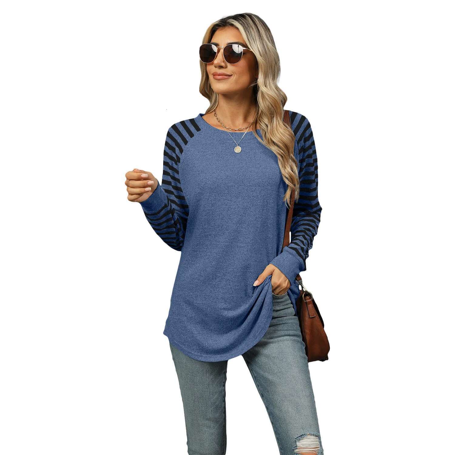 New Color Blocking Striped Designer T-shirt Round Neck Long Sleeved Women's T-shirt Top