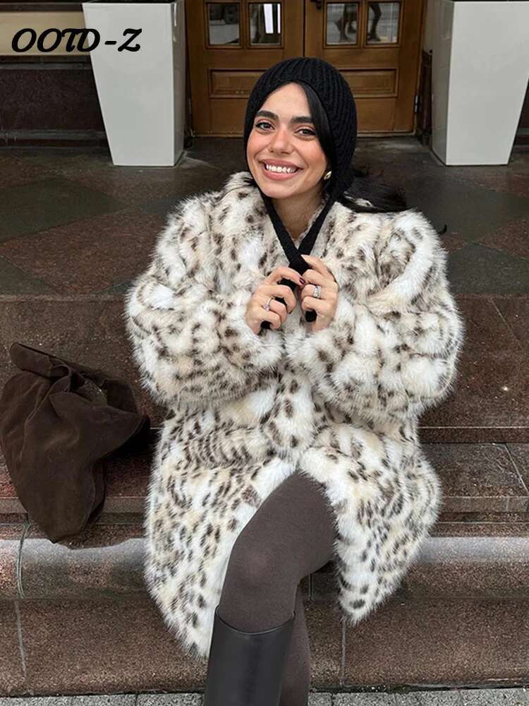 Leopard Print Faux Fur Women's Coat Fashion Full Sleeve Single-Breasted Coats 2024 Winter Warm Thicken Female Outwears