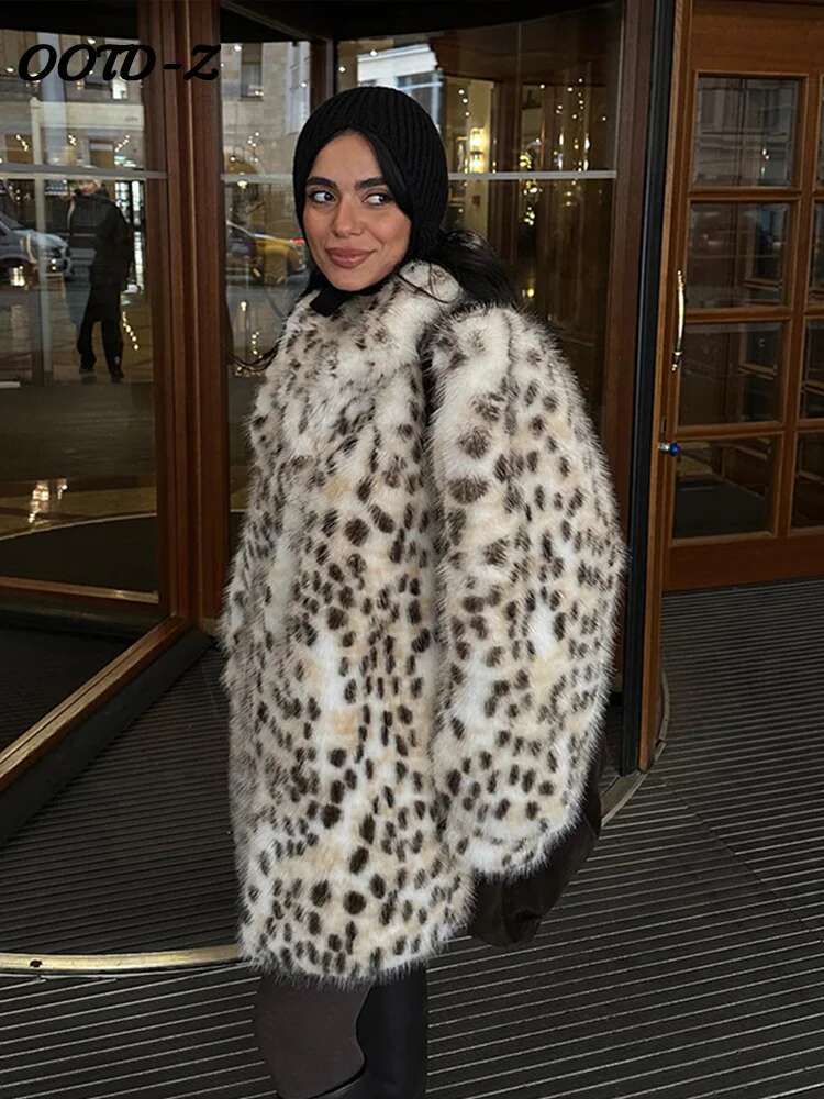 Leopard Print Faux Fur Women's Coat Fashion Full Sleeve Single-Breasted Coats 2024 Winter Warm Thicken Female Outwears