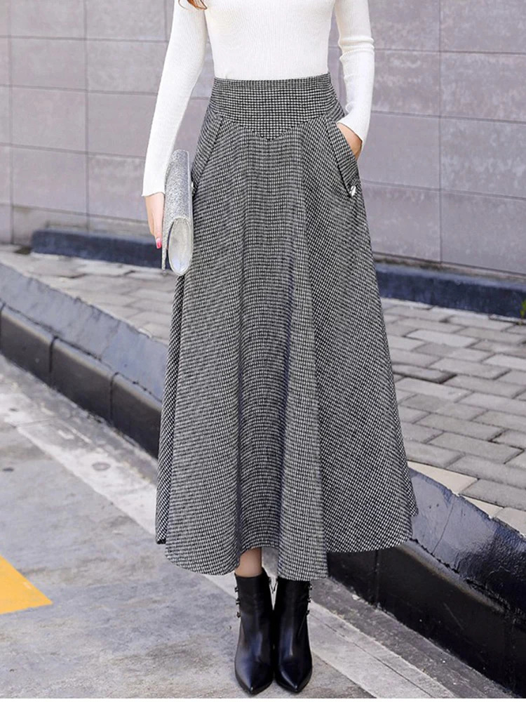 High Waist Vintage Houndstooth Plaid Warm Wool Long Skirt For Women Elegant Casual Big Swing ALine Saias Longas Female 250108