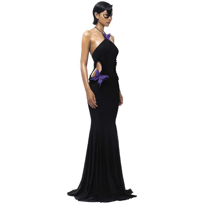 2025 Autumn Product Sexy Temperament One Shoulder Hanging Neck Butterfly Decoration Slimming Holiday Dress for Women's New Casual Versatile Fashi