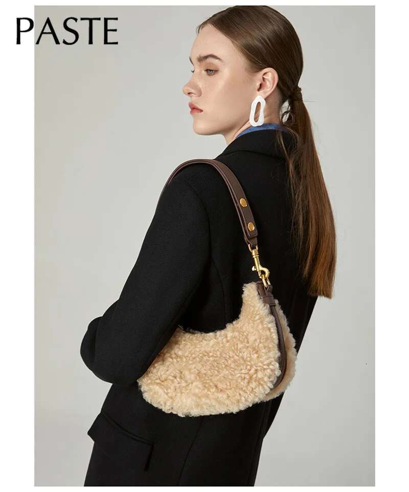 Fashion Winter Plush Wool Fur Kakhi Women Shoulder Cm Leather Underarm High Quality Handbag Half Moon Saddle Bag