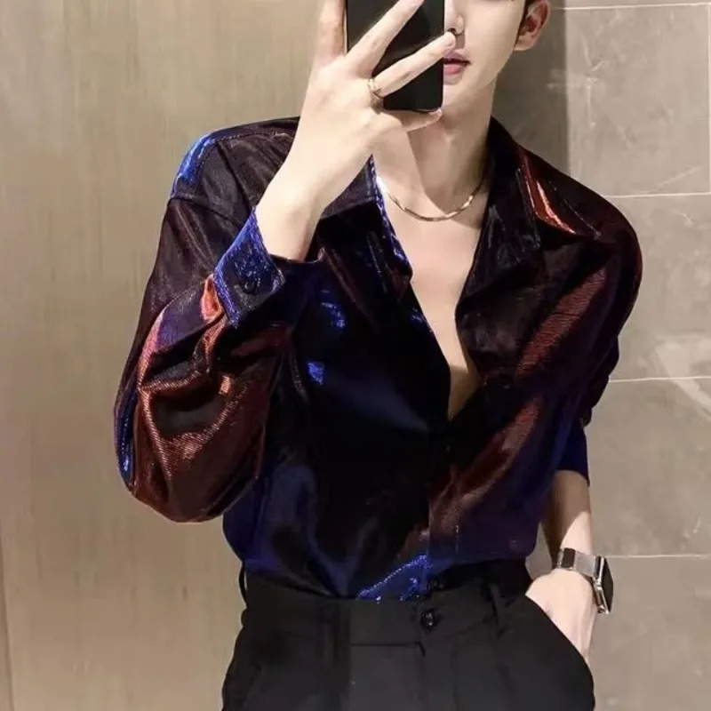 Mens Square Collar Open Collar Button Solid Color Shirt Spring and Autumn Style Exquisite Glitter Long Sleeve Loose Fashion Casual Top 250110